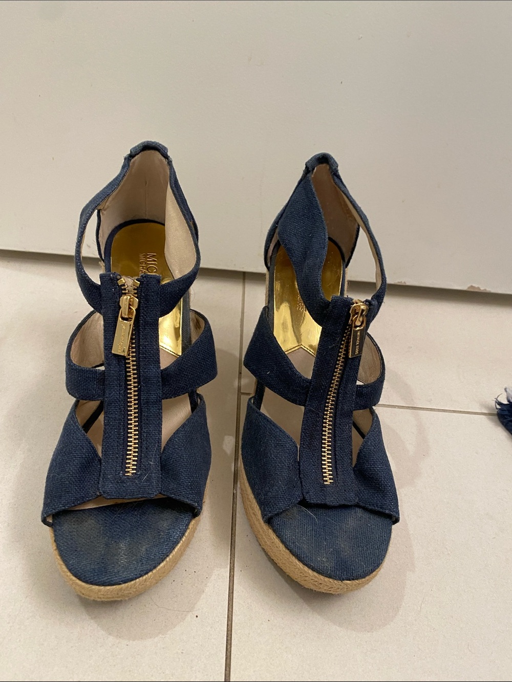Michael Kors Dark Blue Zip-Front Espadrille Wedge Sandals